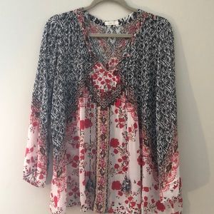 Silk peasant top red floral. Size medium